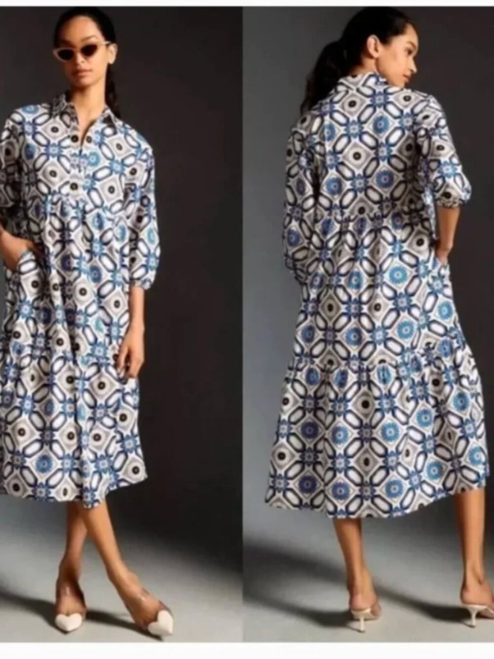 Anthropologie Maeve Bettina Tiered Geometric Print Shirt Dress 100% Cotton